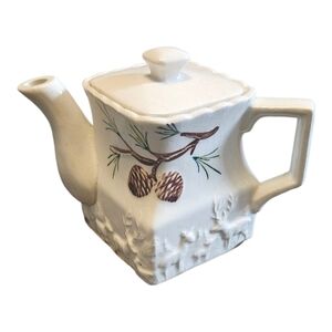 Rare Vintage 50's Tea Pot With Pinecones Deer Family MCM Decor Beautiful Crazing